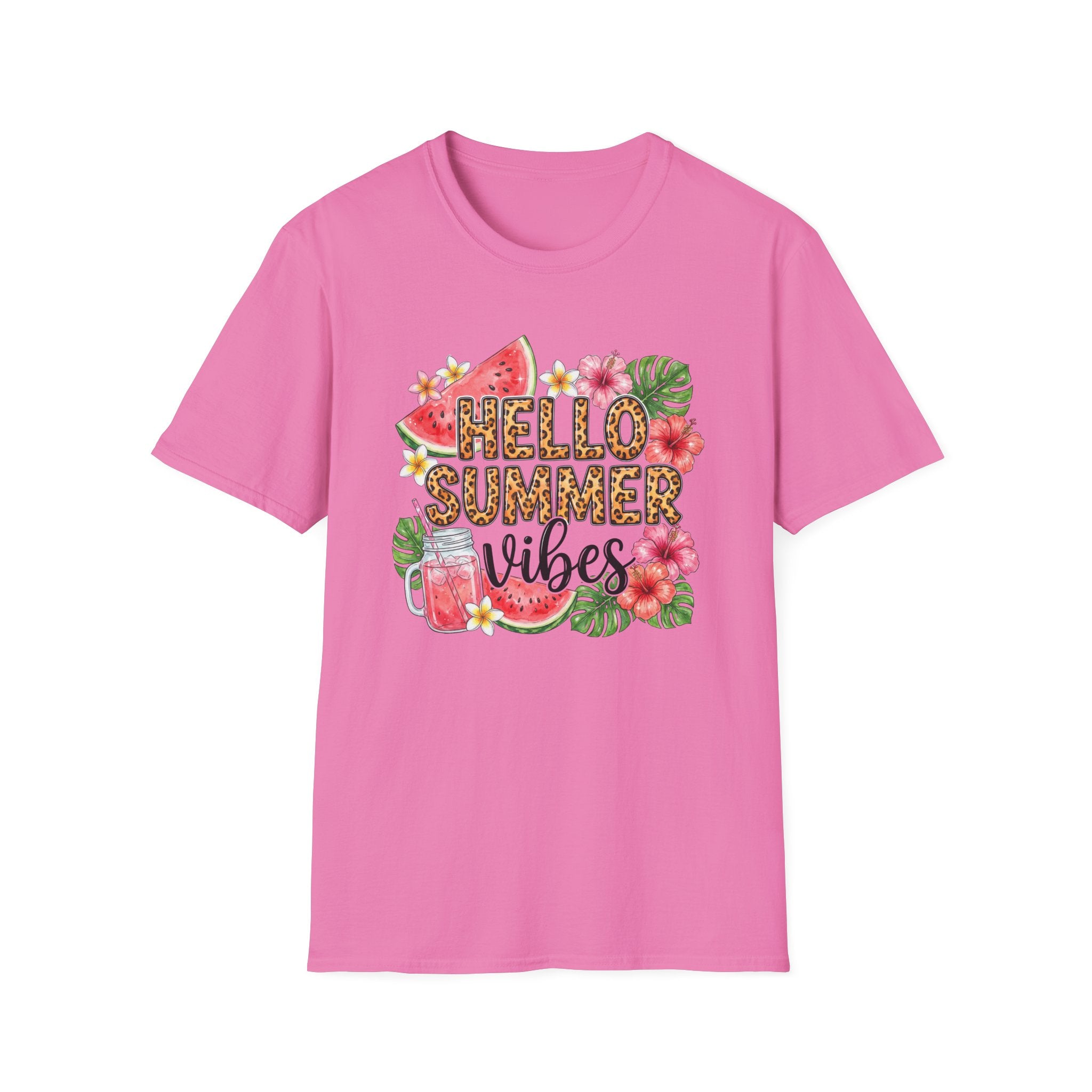 Hello Summer Vibes Watermelon Floral Leopard Print T-Shirt
