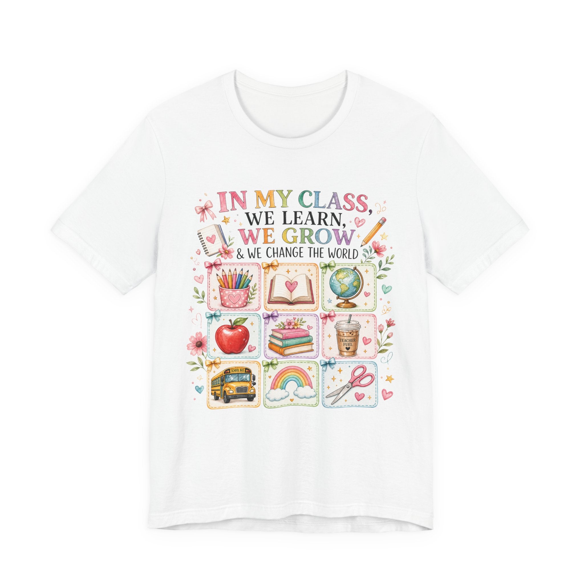 In My Class We Learn We Grow Teacher Illustration T-Shirt | School Icons