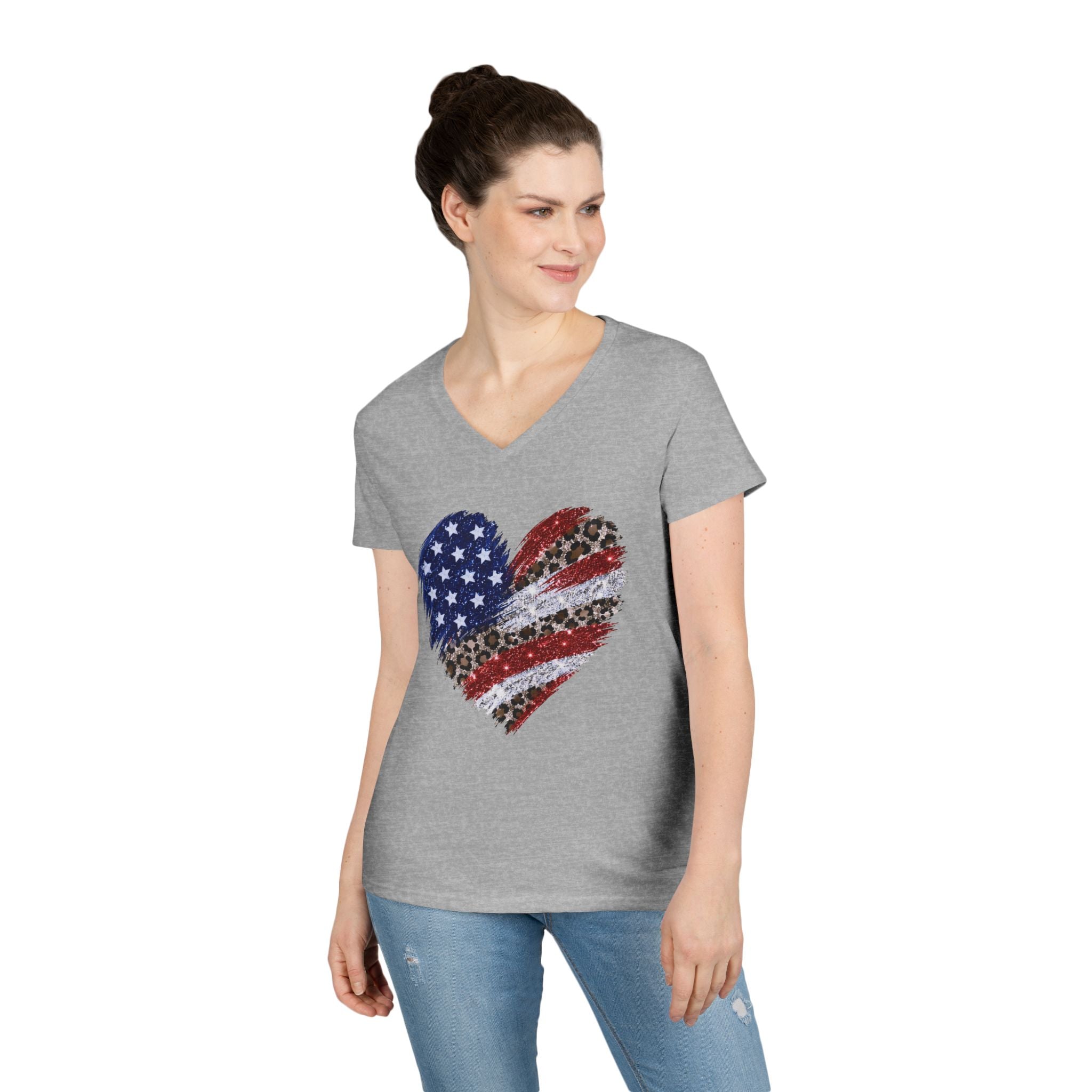 T-shirt Cœur léopard drapeau américain | Tee-shirt patriotique col en V