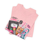 Teacher Good Vibes Cute Pastel Sticker Collage T-Shirt | Coffee, Headphones, Journal | Back to School