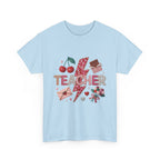 Teacher lightning bolt design T-shirt | cherries, letters, hearts, stationery