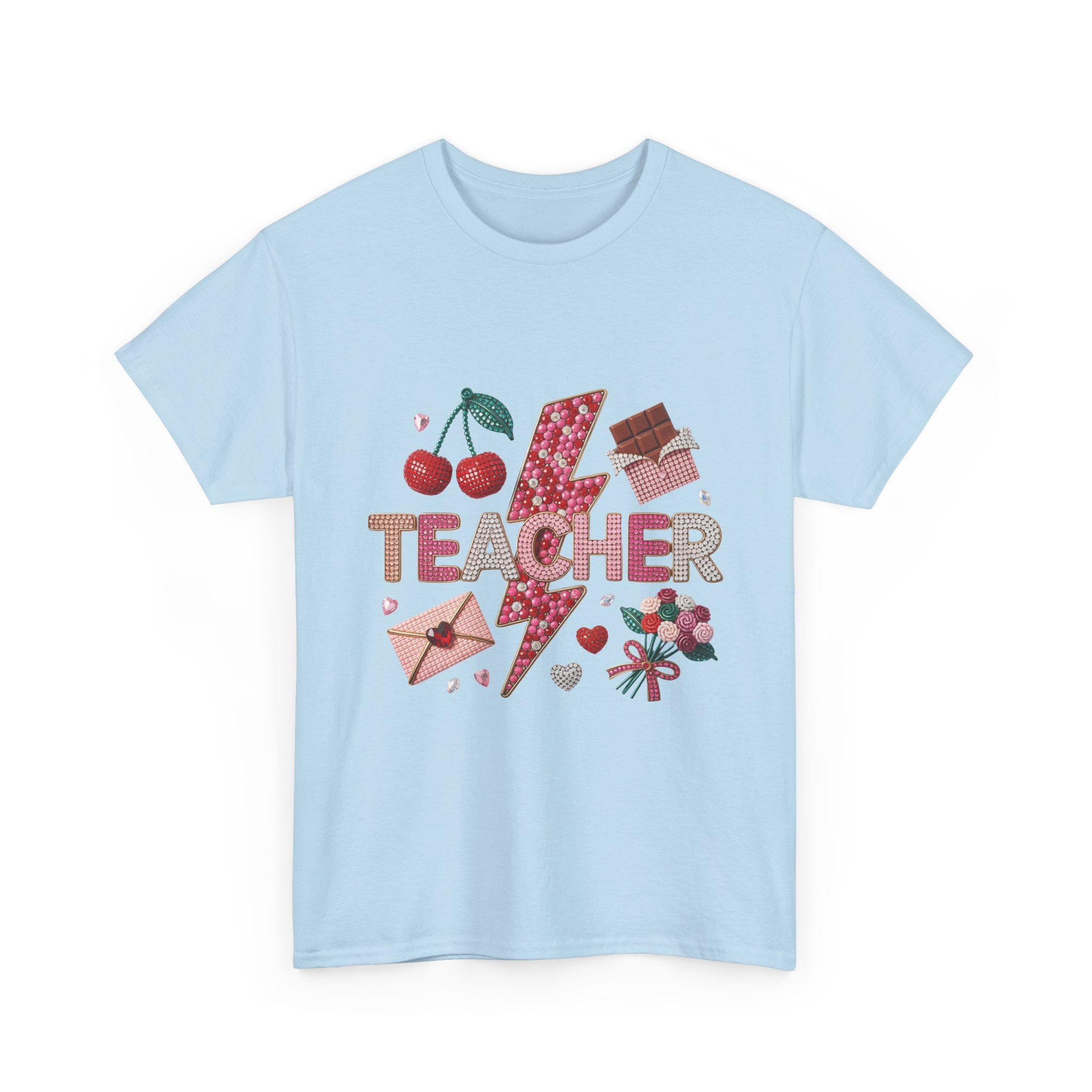 Teacher lightning bolt design T-shirt | cherries, letters, hearts, stationery