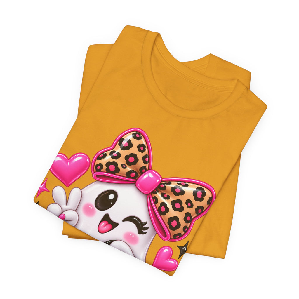 Pink Ghost Halloween T-Shirt with Leopard Bow