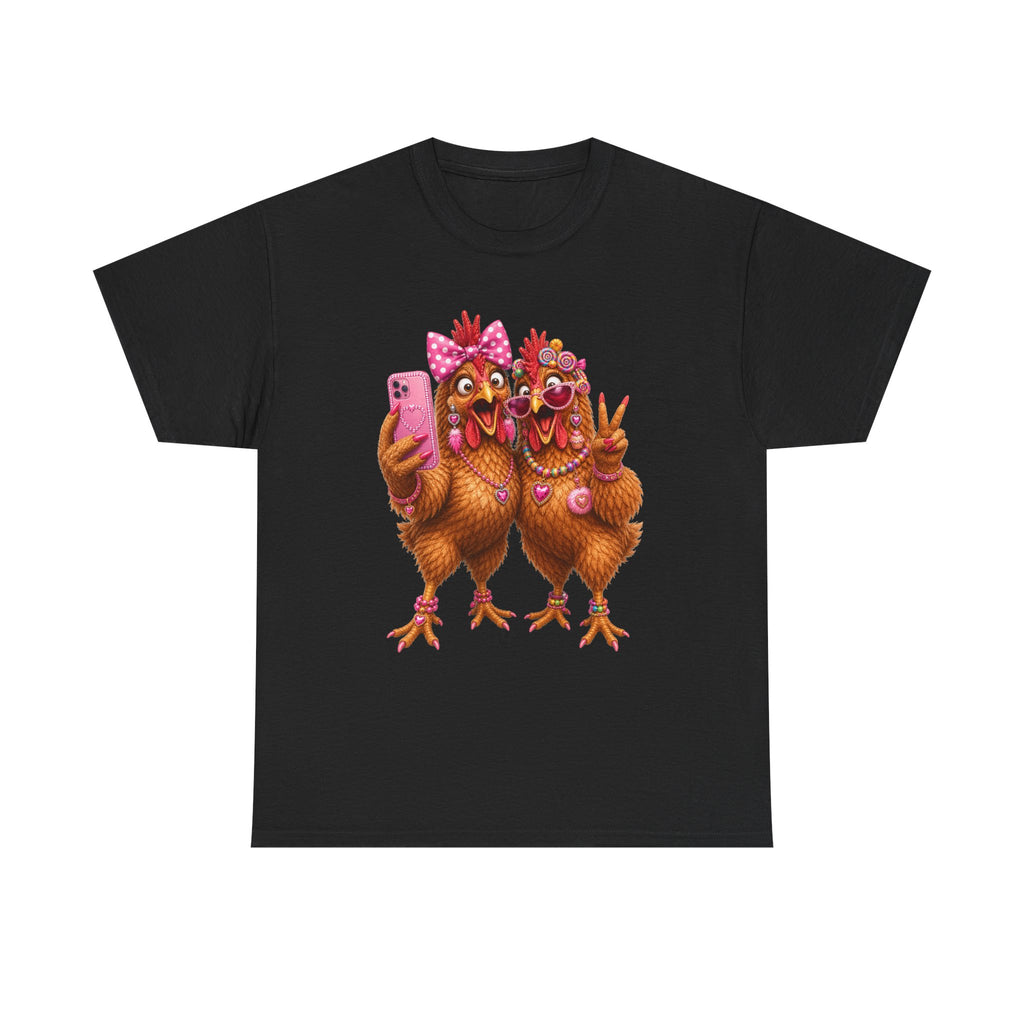 Two Chickens Taking Selfie T-Shirt | Funny Poultry Illustration
