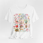 In My Class We Learn We Grow Teacher Illustration T-Shirt | School Icons
