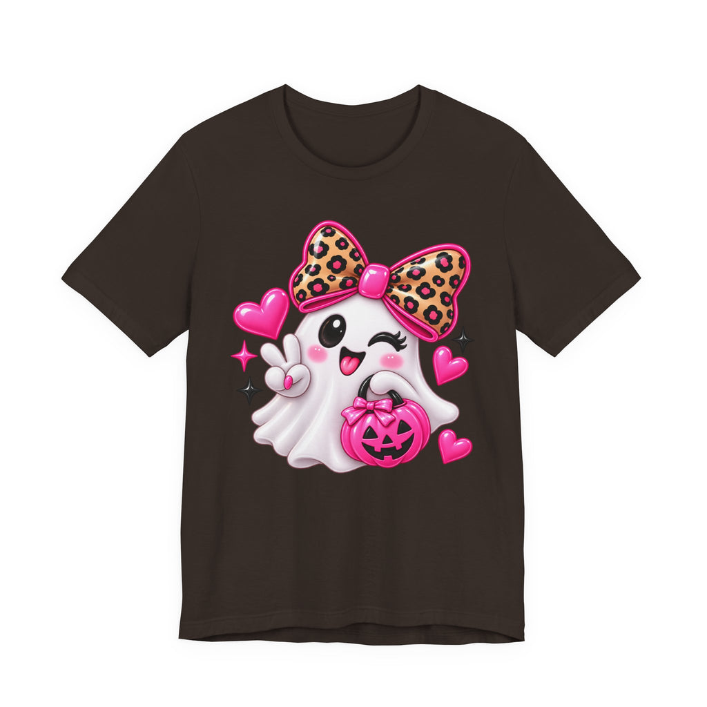 Pink Ghost Halloween T-Shirt with Leopard Bow