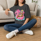 Leopard Cat on Flamingo Float T-Shirt | Tropical Palm Beach Summer Vibes