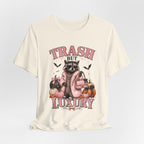 Trash But Luxury Raccoon Tee — Halloween Graphic T-Shirt with Pumpkins & Bats