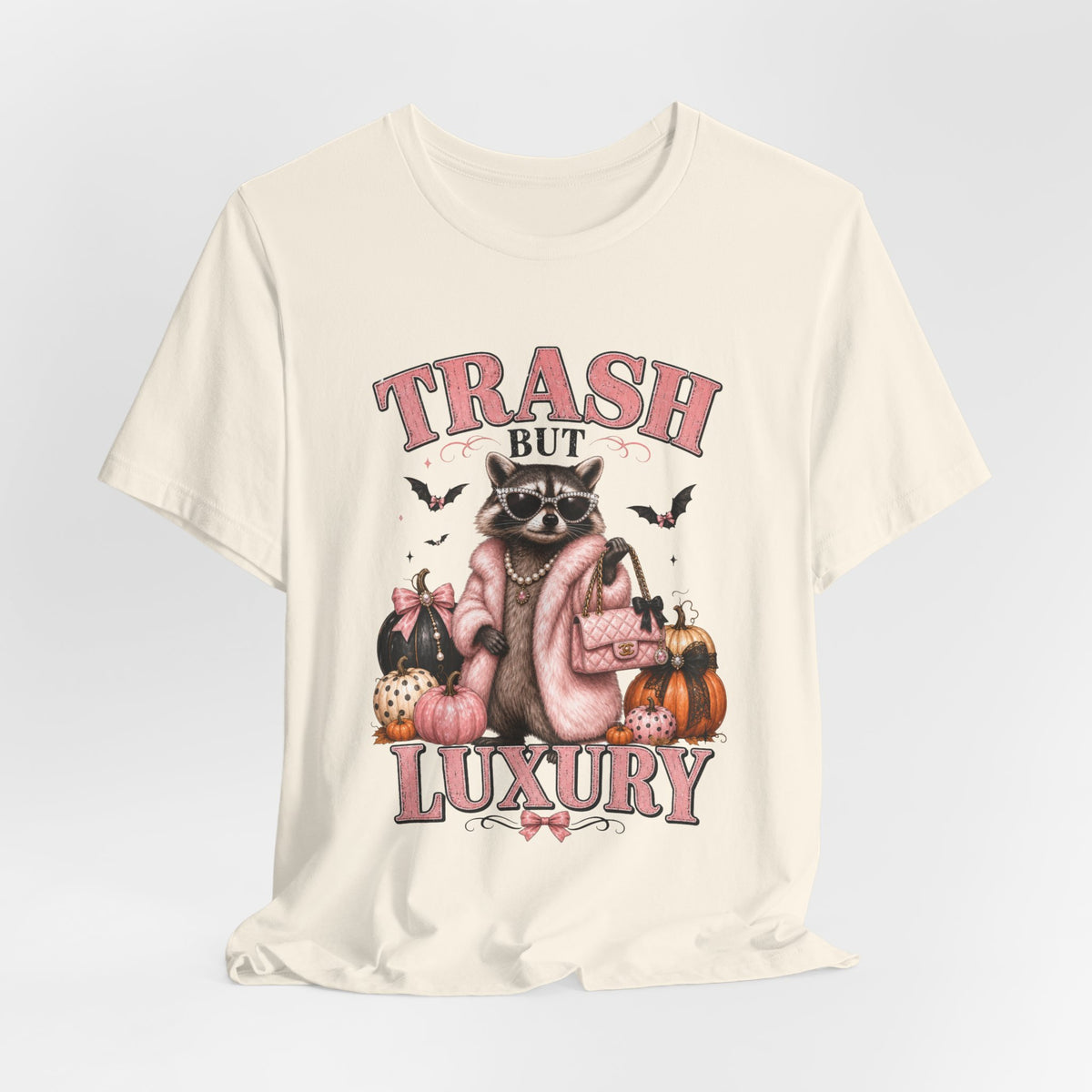 Trash But Luxury Raccoon Tee — Halloween Graphic T-Shirt with Pumpkins & Bats