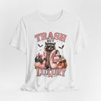 Trash But Luxury Raccoon Tee — Halloween Graphic T-Shirt with Pumpkins & Bats