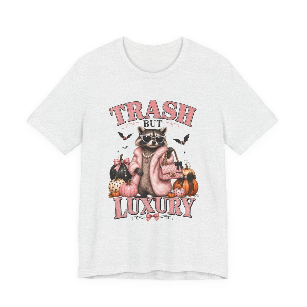 Trash But Luxury Raccoon Tee — Halloween Graphic T-Shirt with Pumpkins & Bats