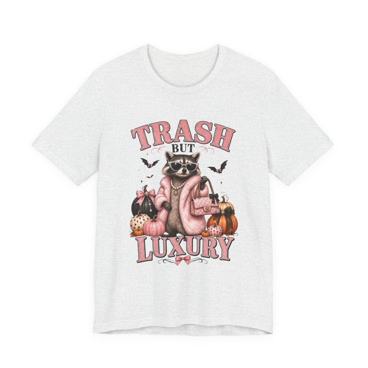Trash But Luxury Raccoon Tee — Halloween Graphic T-Shirt with Pumpkins & Bats