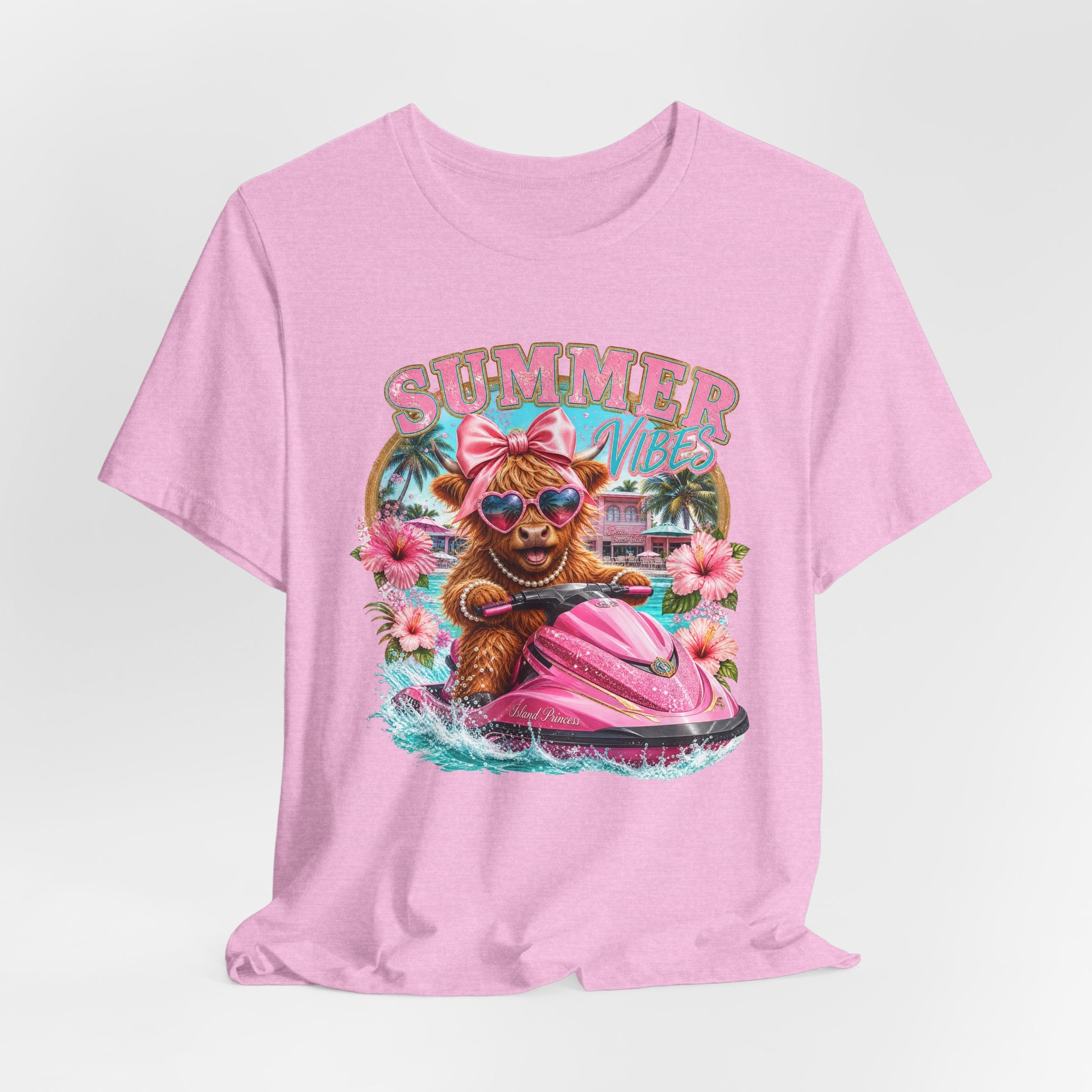 Summer Vibes Cow on Jet Ski T-Shirt | Cute Tropical Floral Beach Design