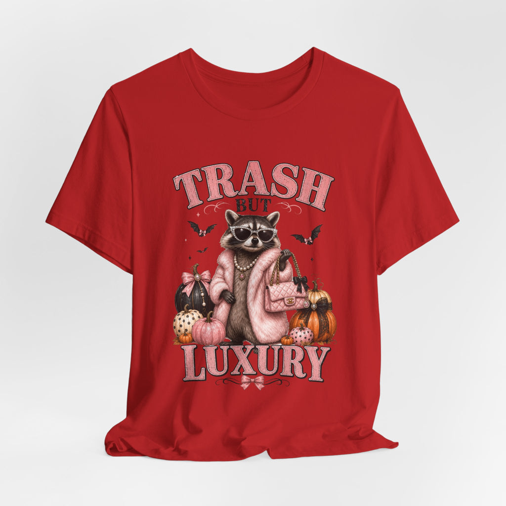 Trash But Luxury Raccoon Tee — Halloween Graphic T-Shirt with Pumpkins & Bats
