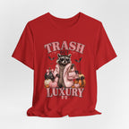 Trash But Luxury Raccoon Tee — Halloween Graphic T-Shirt with Pumpkins & Bats