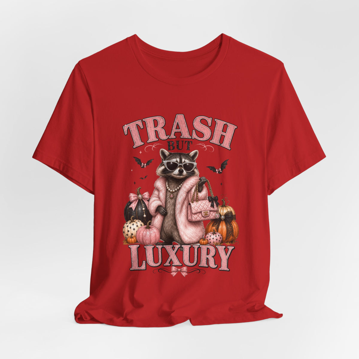 Trash But Luxury Raccoon Tee — Halloween Graphic T-Shirt with Pumpkins & Bats