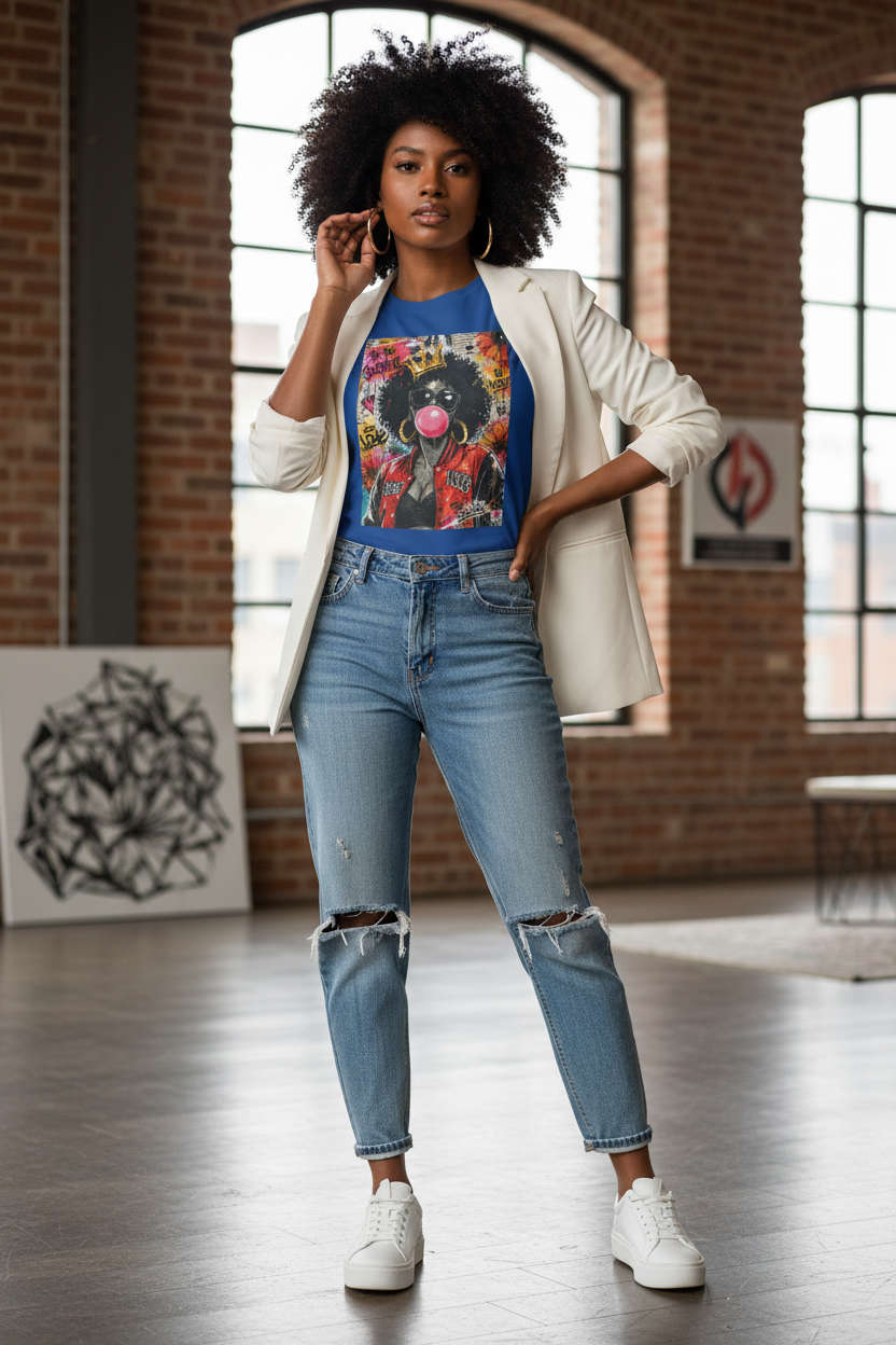 Afro Bubblegum Queen Tee | Street Art Graffiti Portrait, Crowned Woman
