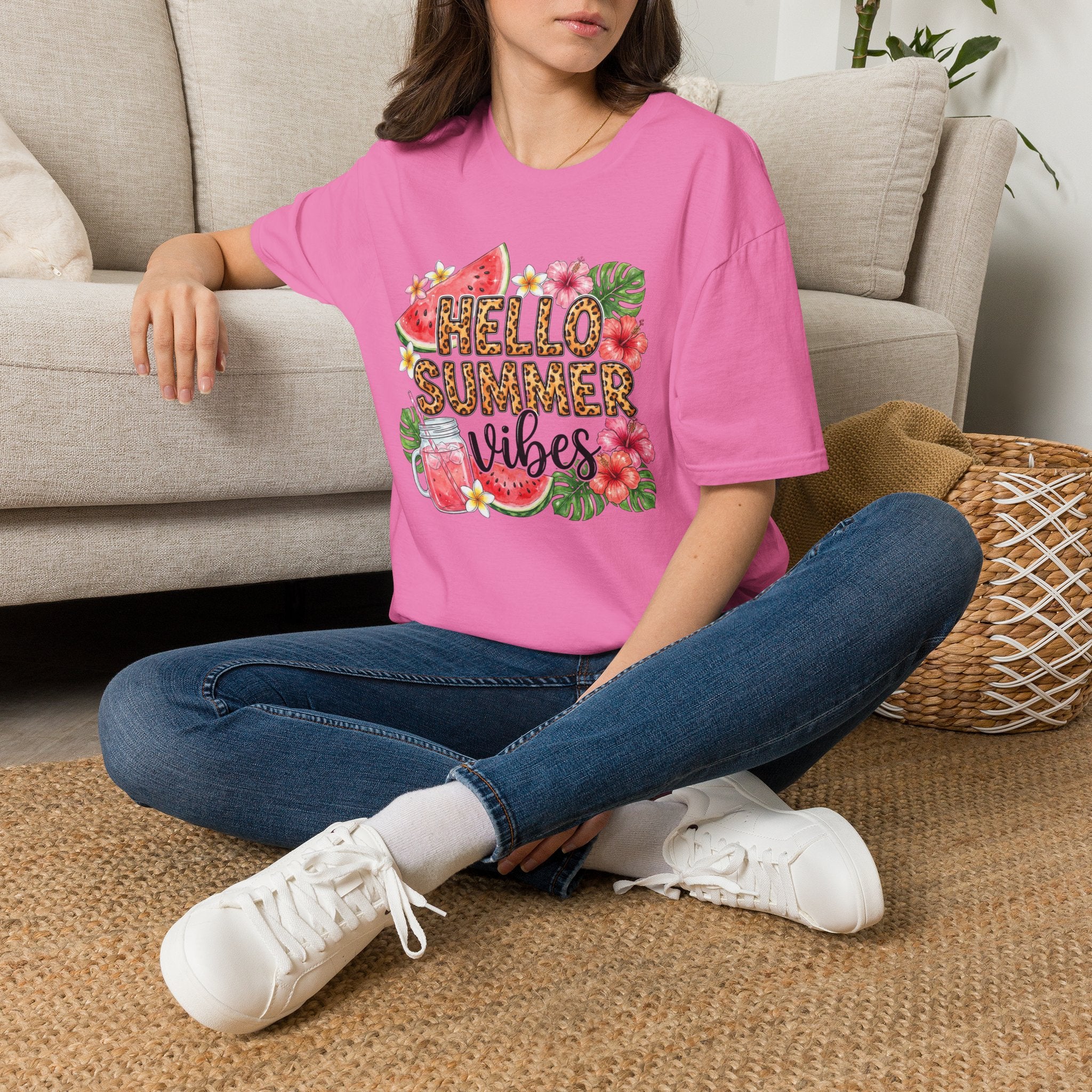 Hello Summer Vibes Watermelon Floral Leopard Print T-Shirt