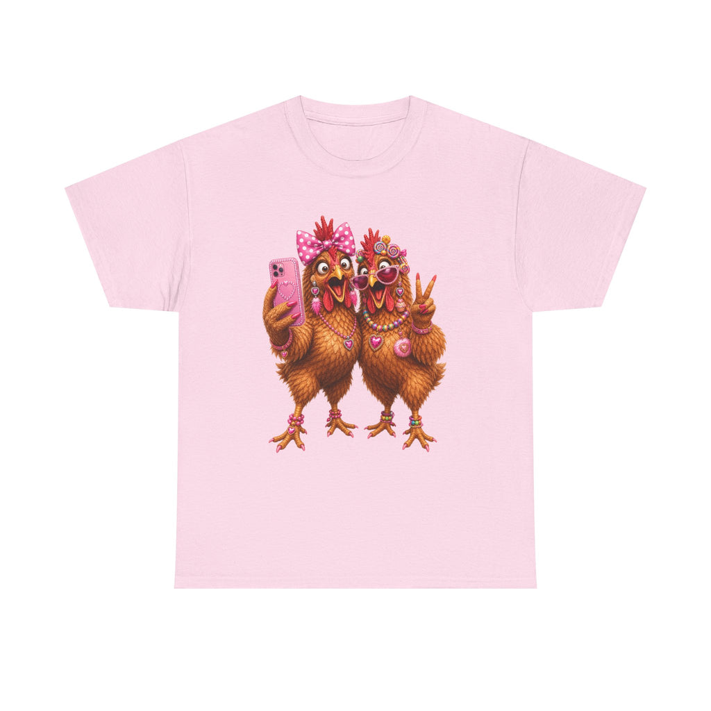 Two Chickens Taking Selfie T-Shirt | Funny Poultry Illustration