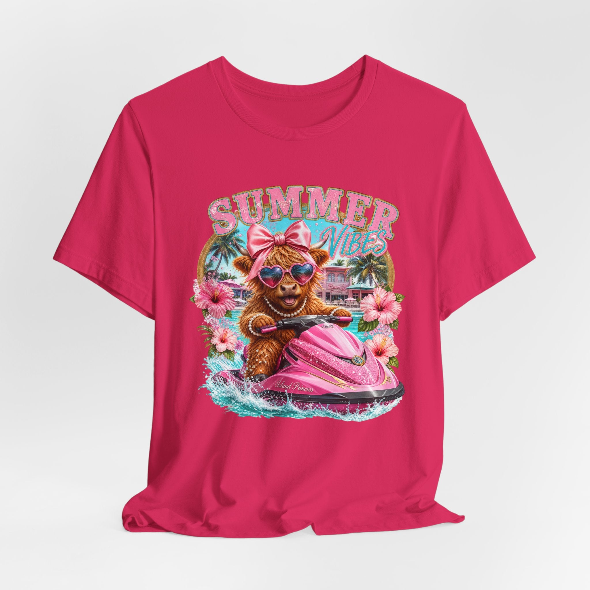 Summer Vibes Cow on Jet Ski T-Shirt | Cute Tropical Floral Beach Design