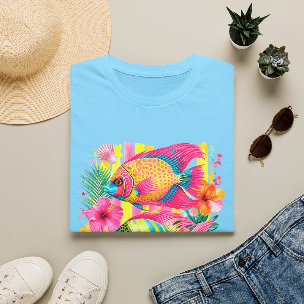 Tropical Colorful Fish T-Shirt | Neon Hibiscus Beach Illustration