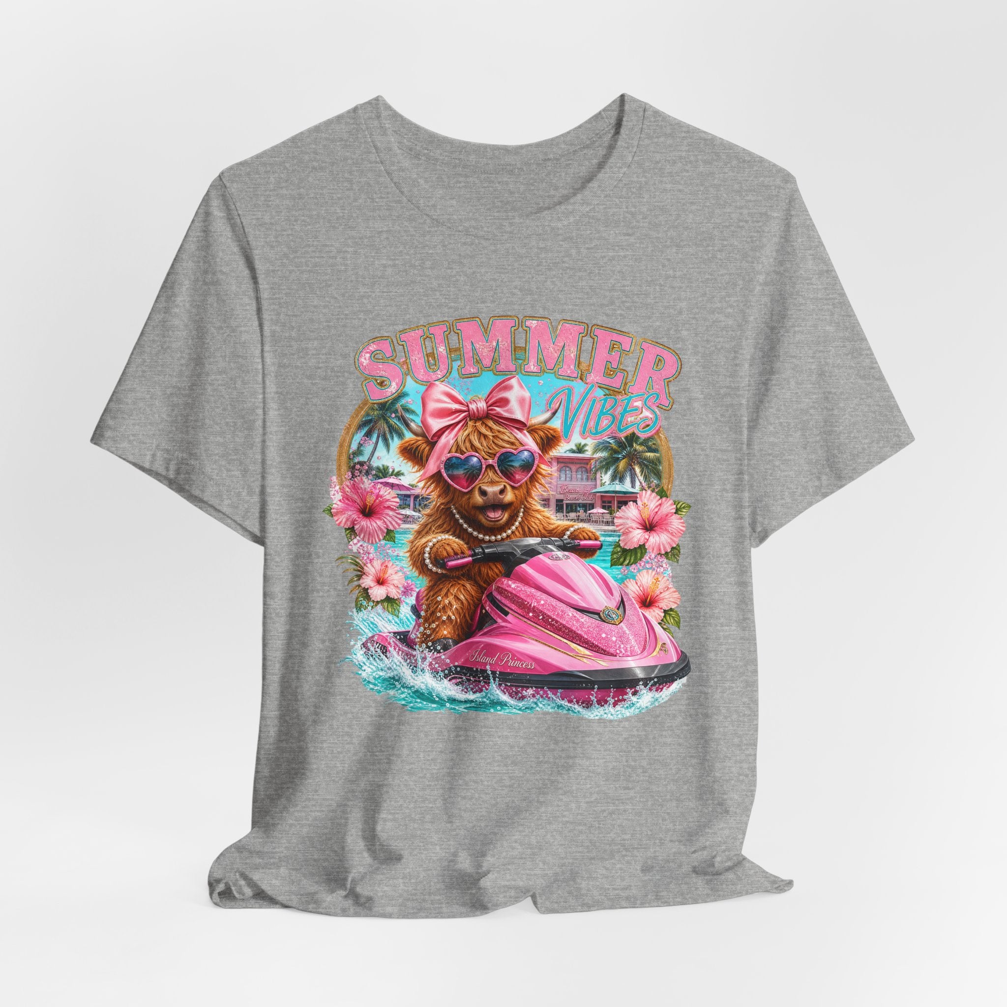 Summer Vibes Cow on Jet Ski T-Shirt | Cute Tropical Floral Beach Design