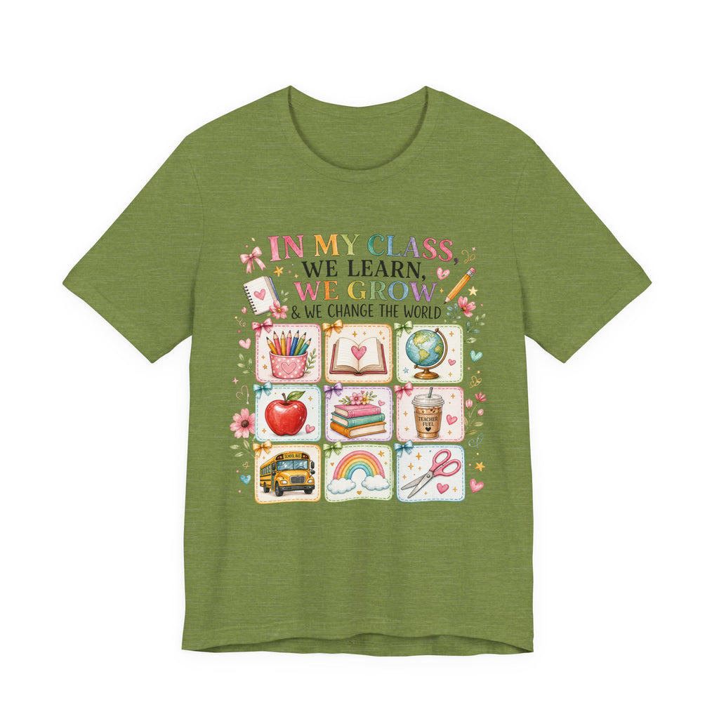 In My Class We Learn We Grow Teacher Illustration T-Shirt | School Icons