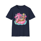 Leopard Cat on Flamingo Float T-Shirt | Tropical Palm Beach Summer Vibes