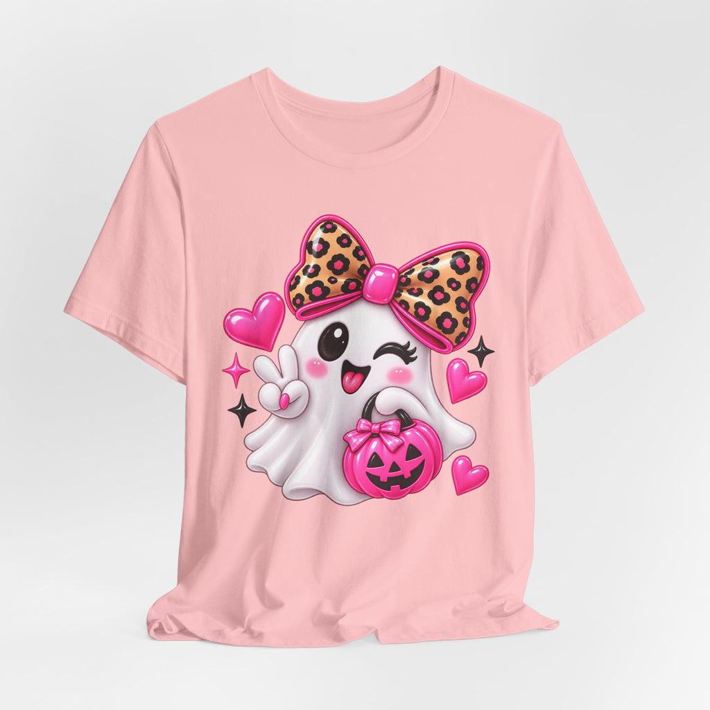 Pink Ghost Halloween T-Shirt with Leopard Bow