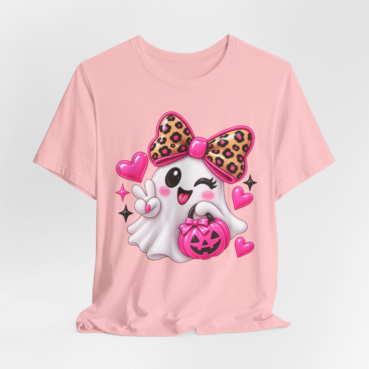 Pink Ghost Halloween T-Shirt with Leopard Bow
