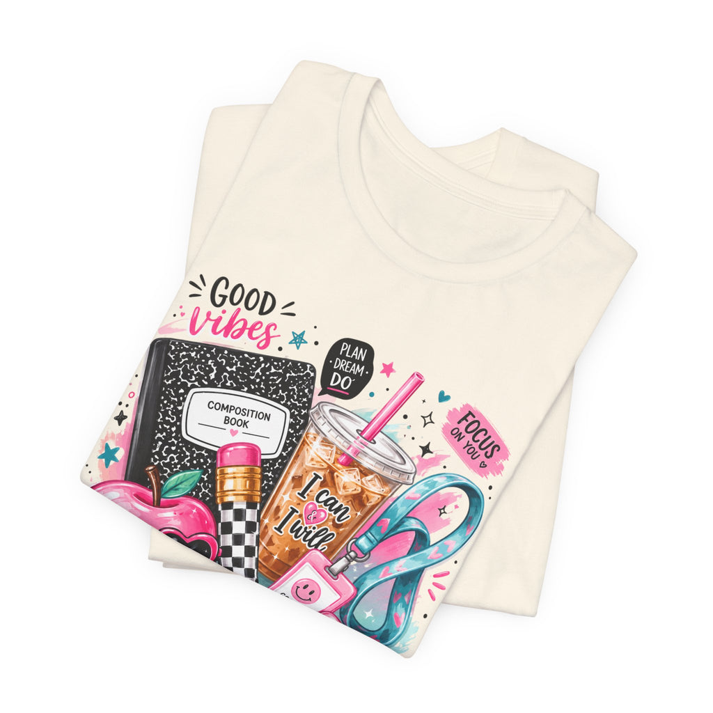 Teacher Good Vibes Cute Pastel Sticker Collage T-Shirt | Coffee, Headphones, Journal | Back to School