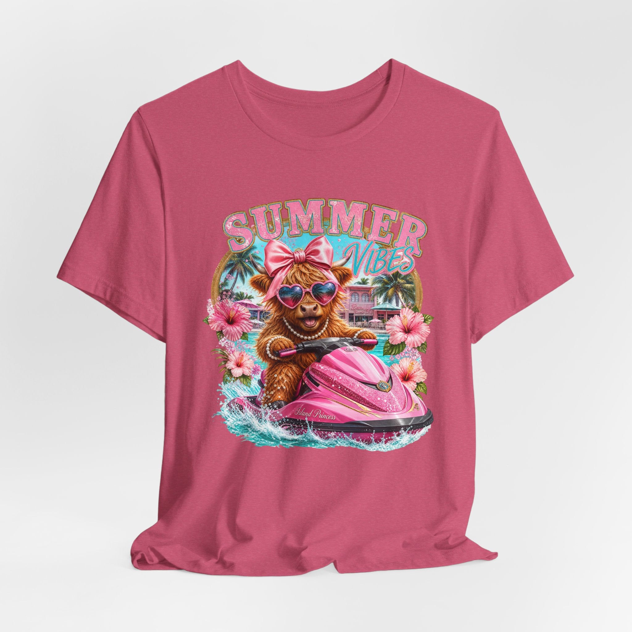 Summer Vibes Cow on Jet Ski T-Shirt | Cute Tropical Floral Beach Design