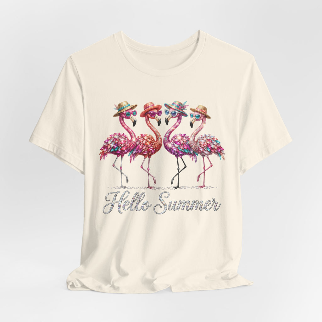 Hello Summer Flamingos T-Shirt | Pink Flamingo Beach Graphic Tee