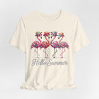 Hello Summer Flamingos T-Shirt | Pink Flamingo Beach Graphic Tee