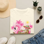 Leopard Cat on Flamingo Float T-Shirt | Tropical Palm Beach Summer Vibes