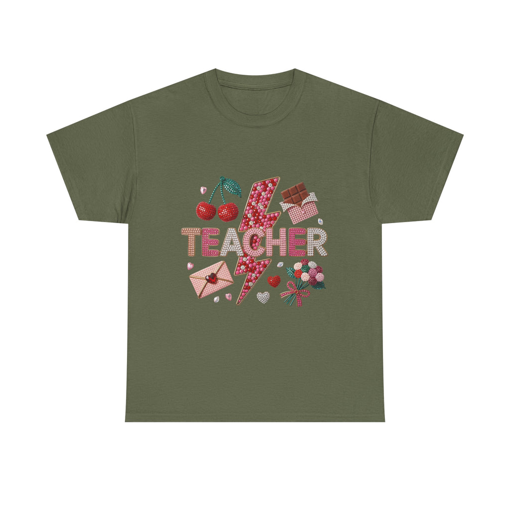 Teacher lightning bolt design T-shirt | cherries, letters, hearts, stationery