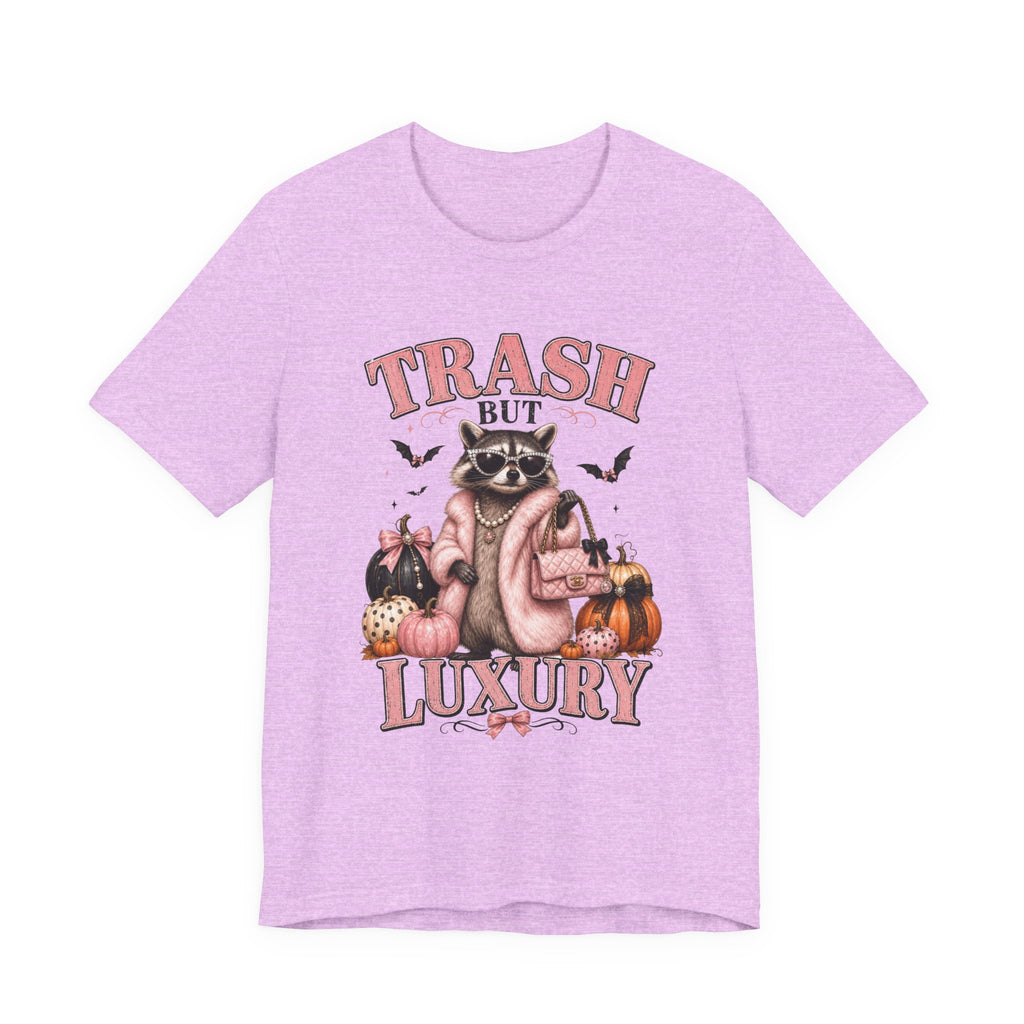 Trash But Luxury Raccoon Tee — Halloween Graphic T-Shirt with Pumpkins & Bats
