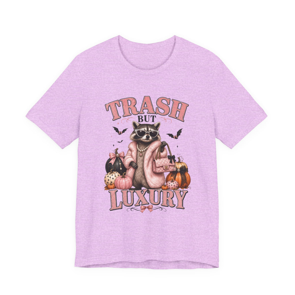 Trash But Luxury Raccoon Tee — Halloween Graphic T-Shirt with Pumpkins & Bats
