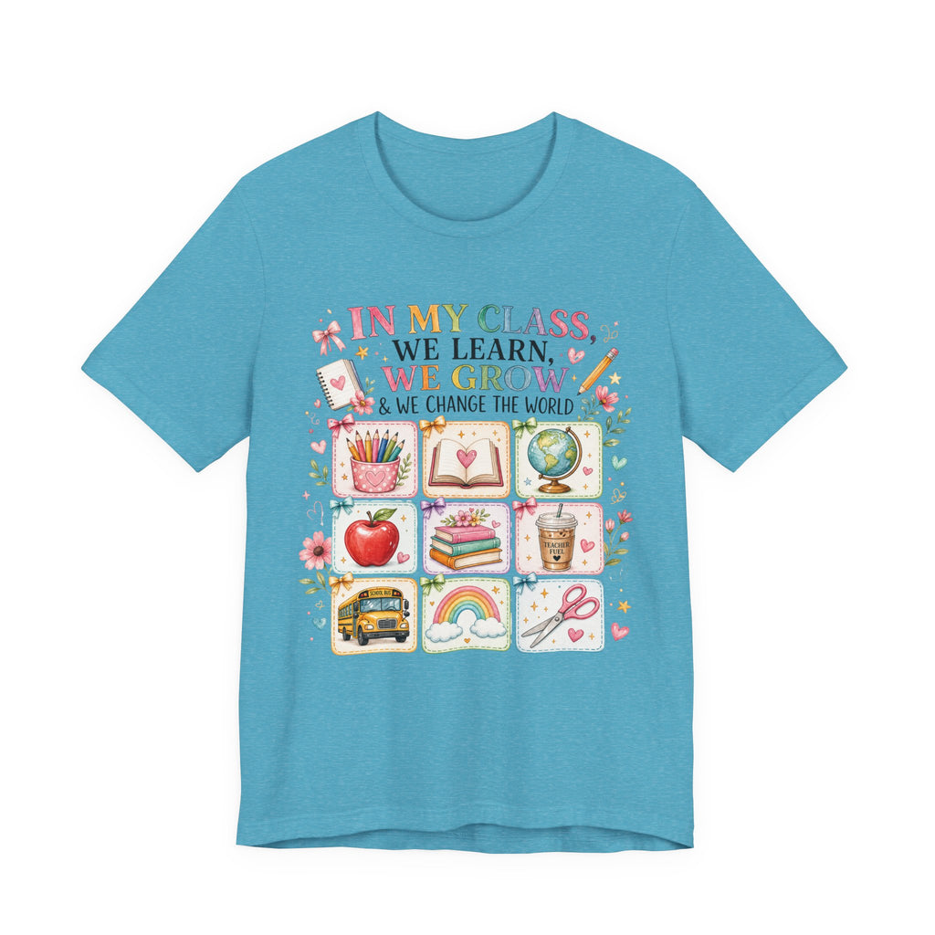 In My Class We Learn We Grow Teacher Illustration T-Shirt | School Icons