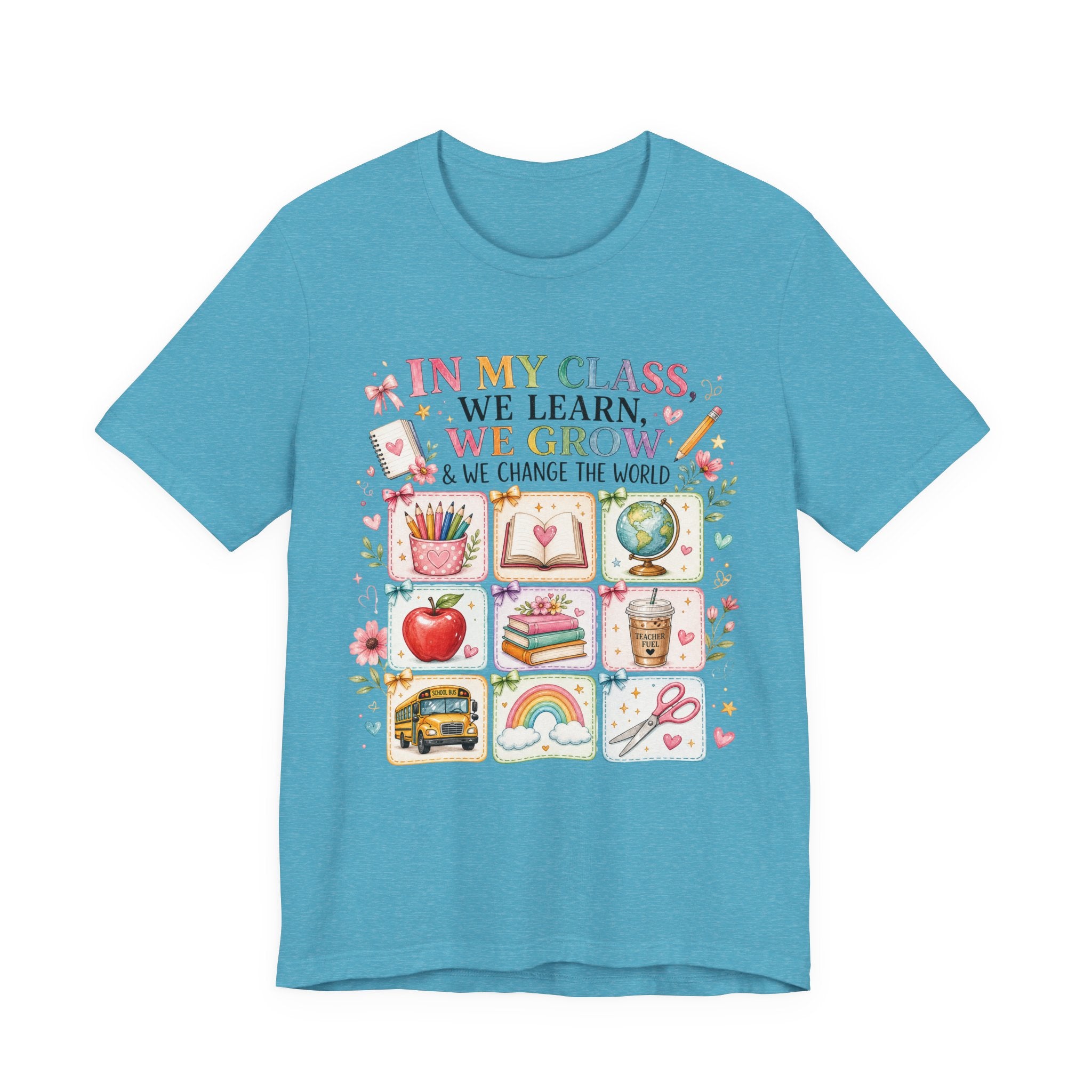 In My Class We Learn We Grow Teacher Illustration T-Shirt | School Icons