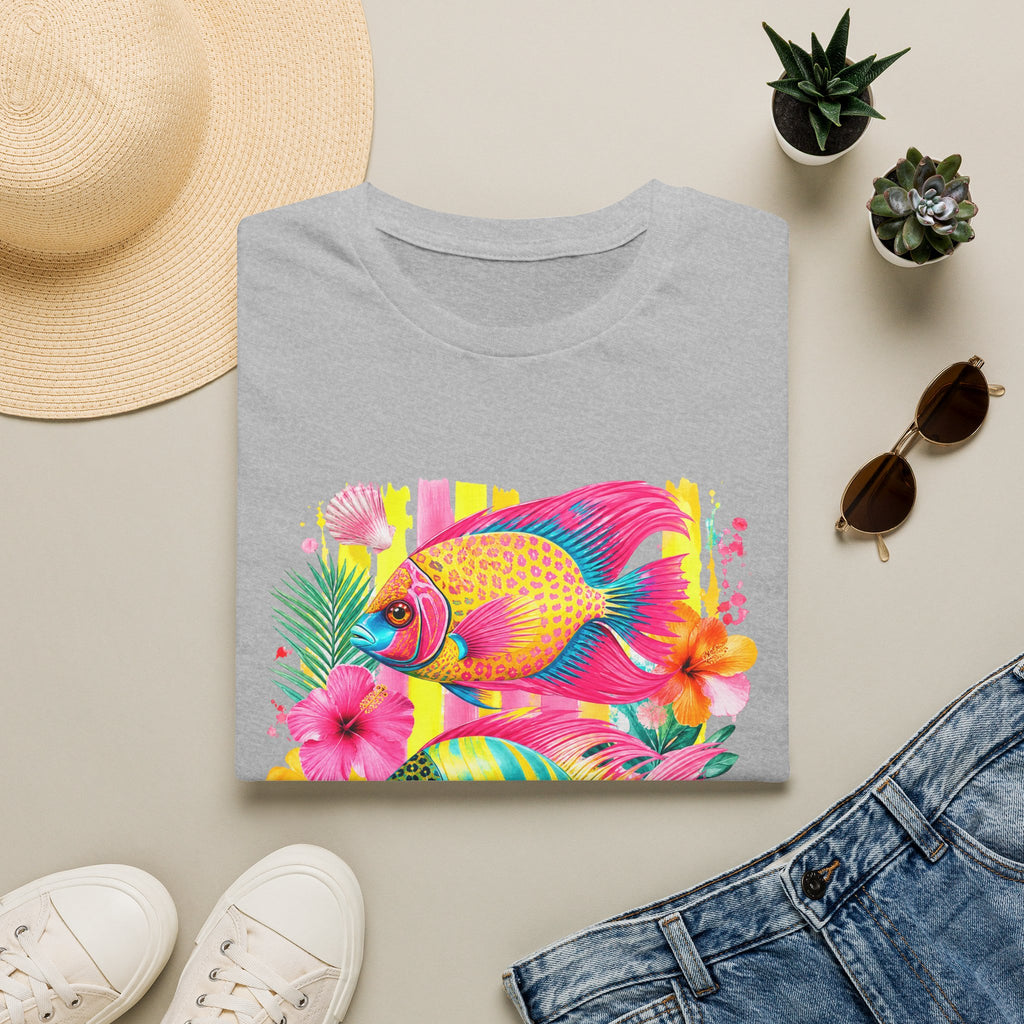 Tropical Colorful Fish T-Shirt | Neon Hibiscus Beach Illustration