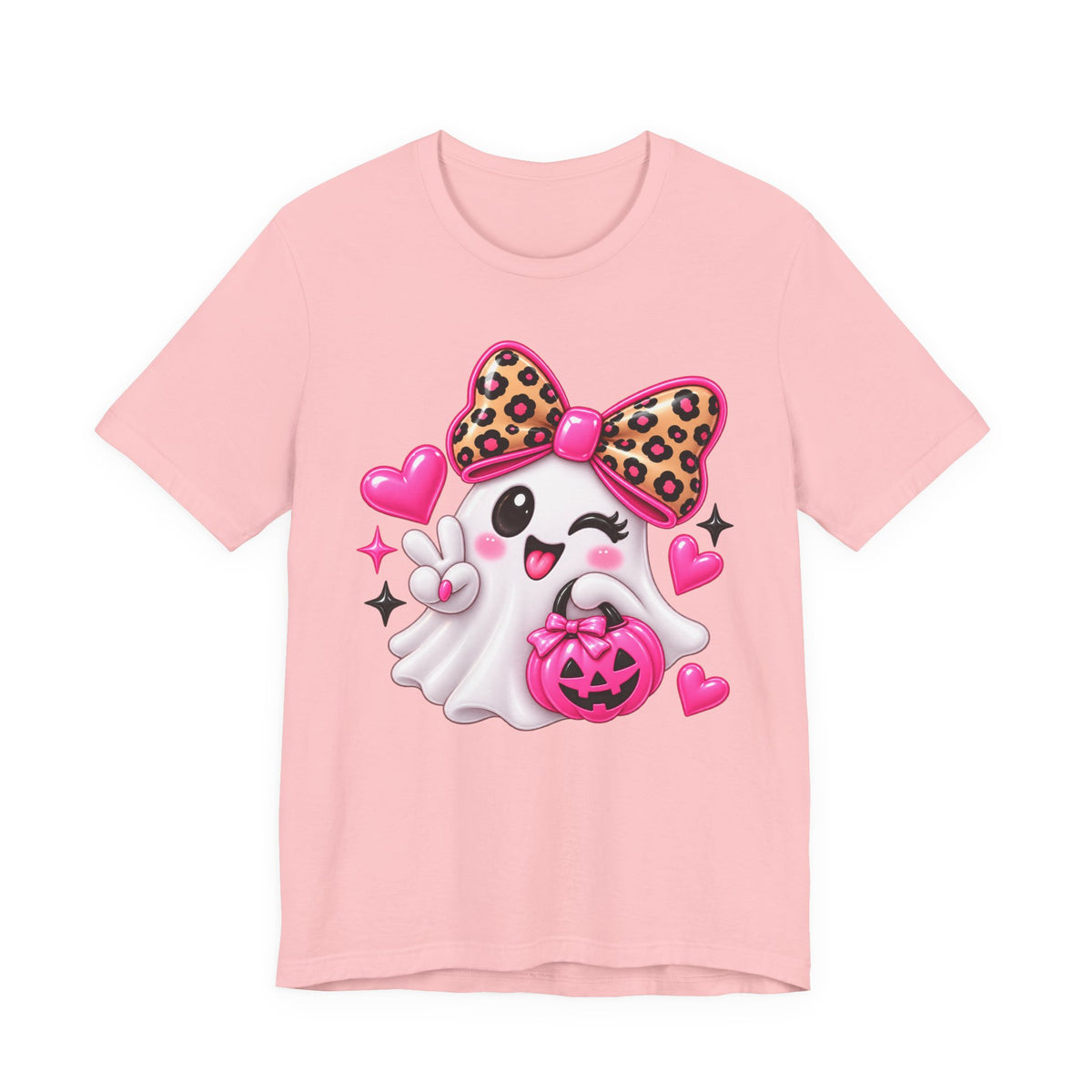 Pink Ghost Halloween T-Shirt with Leopard Bow