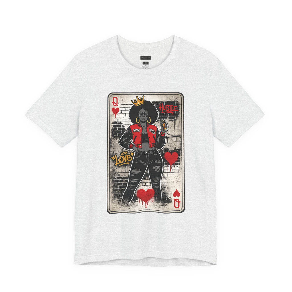 Woman wearing white Queen of Hearts graphic tee on NYC street, retro street art afro queen design