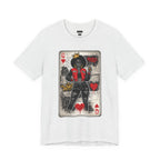 Woman wearing white Queen of Hearts graphic tee on NYC street, retro street art afro queen design