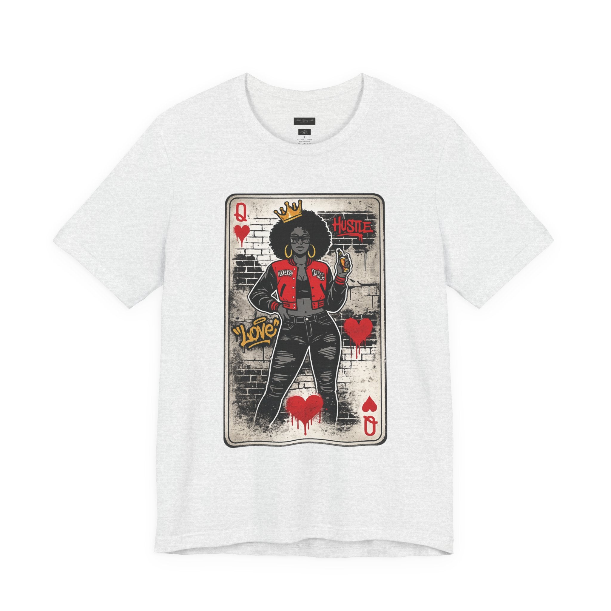 Woman wearing white Queen of Hearts graphic tee on NYC street, retro street art afro queen design