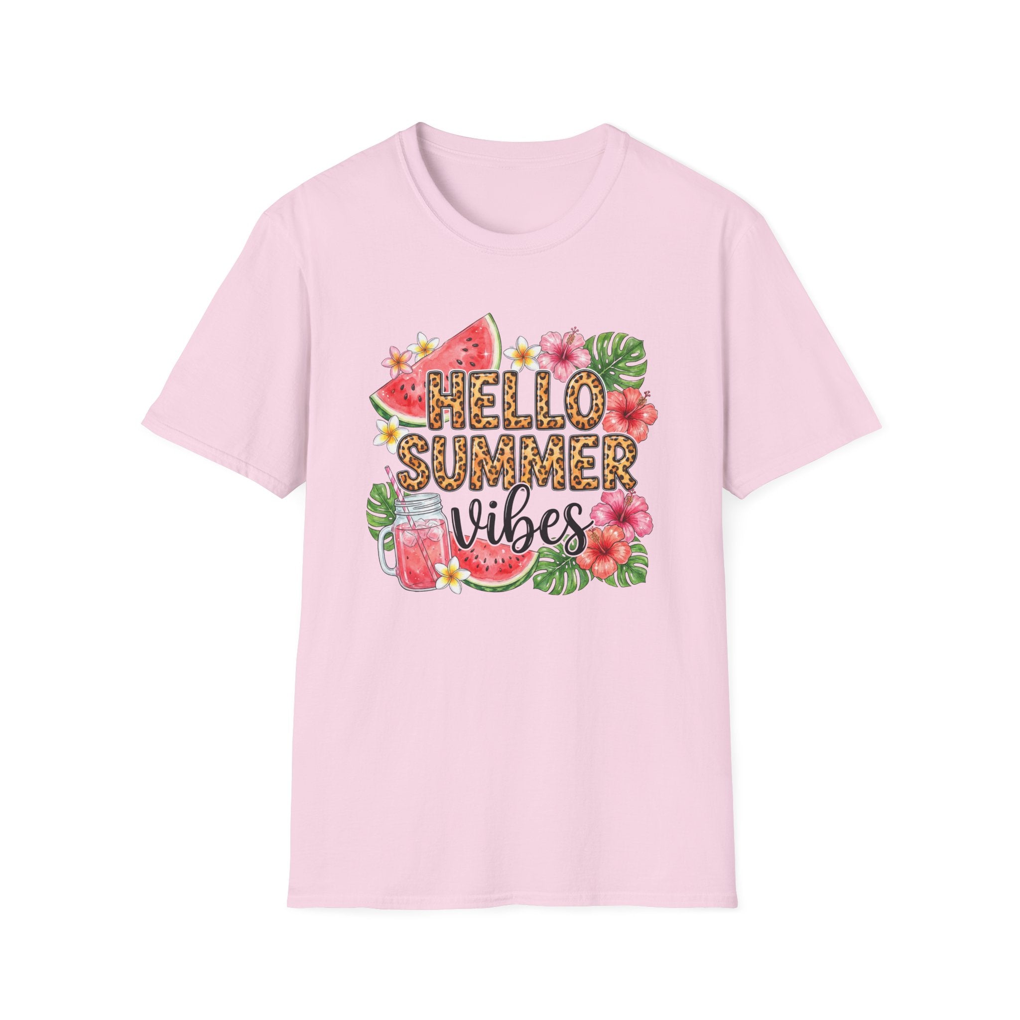 Hello Summer Vibes Watermelon Floral Leopard Print T-Shirt