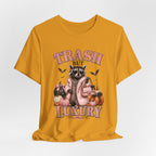 Trash But Luxury Raccoon Tee — Halloween Graphic T-Shirt with Pumpkins & Bats