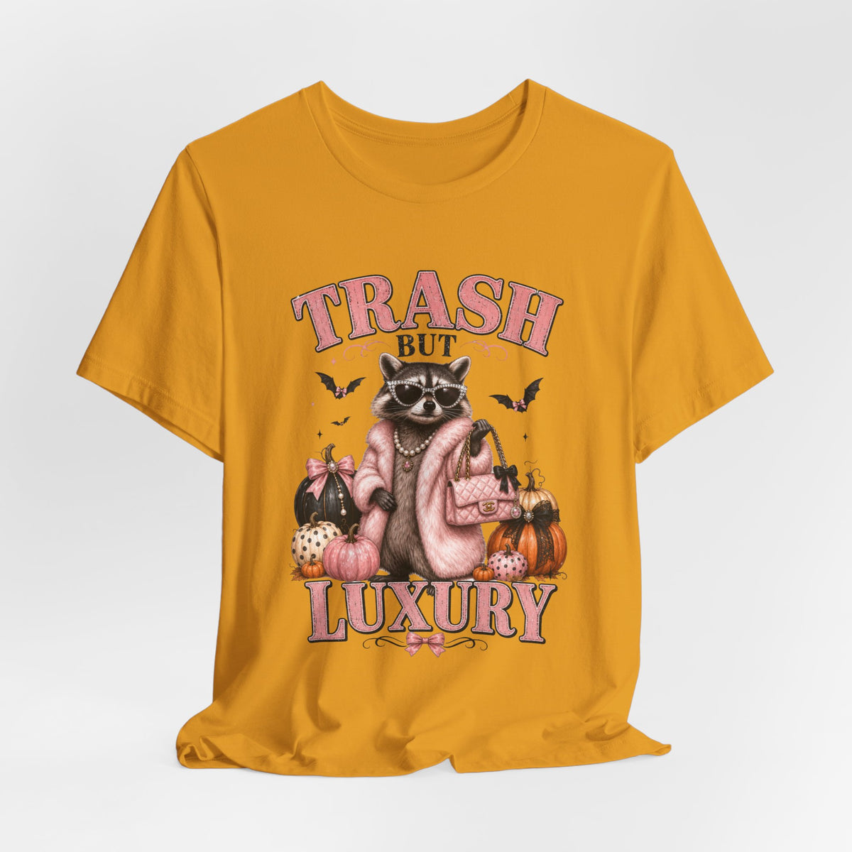 Trash But Luxury Raccoon Tee — Halloween Graphic T-Shirt with Pumpkins & Bats