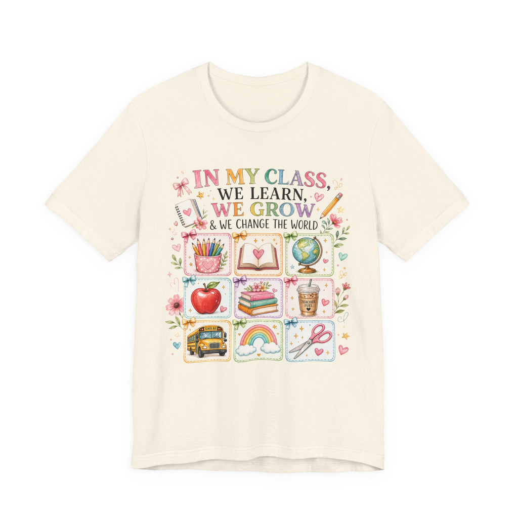 In My Class We Learn We Grow Teacher Illustration T-Shirt | School Icons