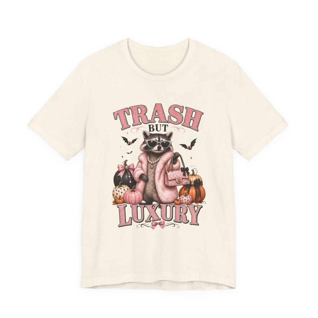 Trash But Luxury Raccoon Tee — Halloween Graphic T-Shirt with Pumpkins & Bats